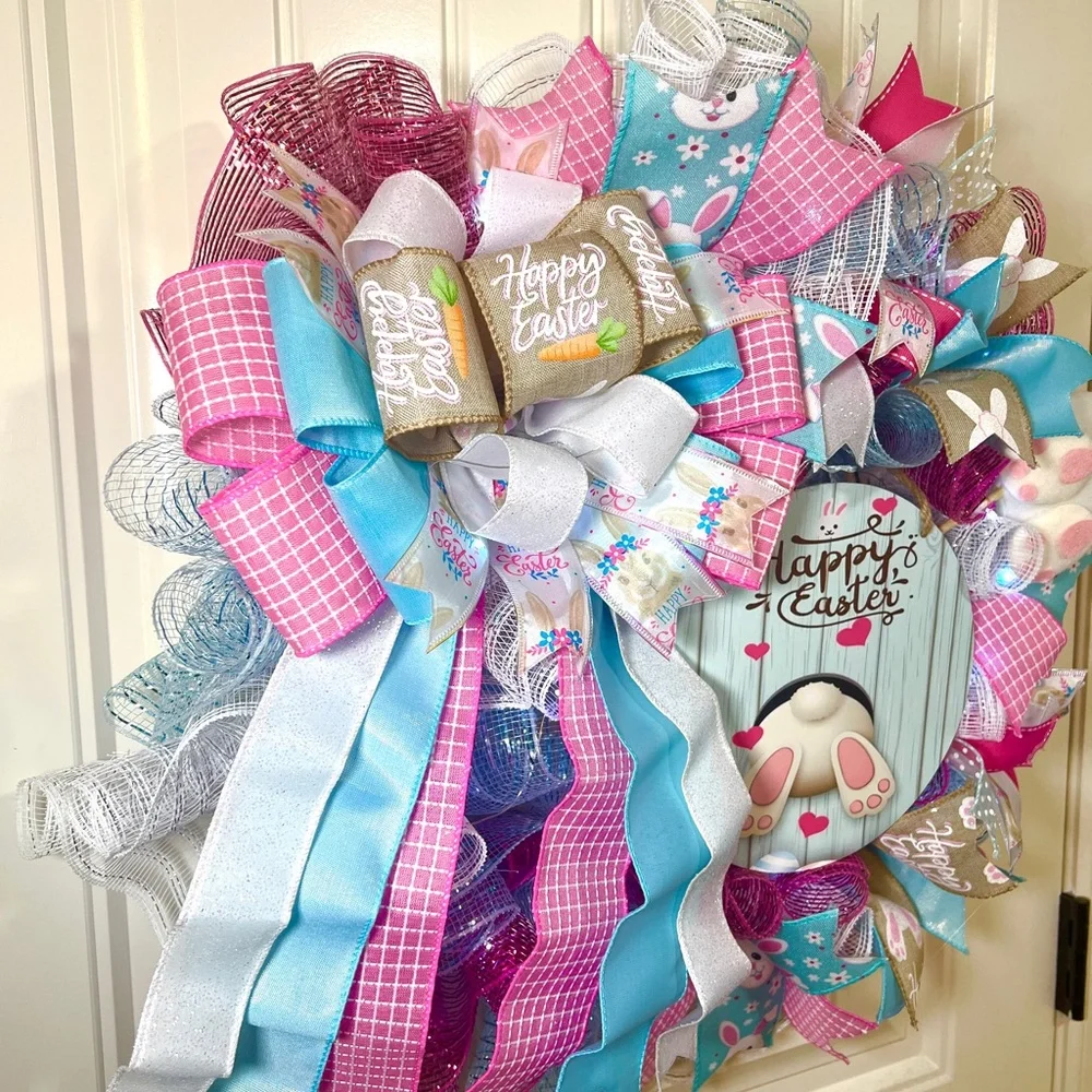 Handmade Spring Happy Easter Bunny Bum Prelit Ribbon Wreath 22 in LED W23